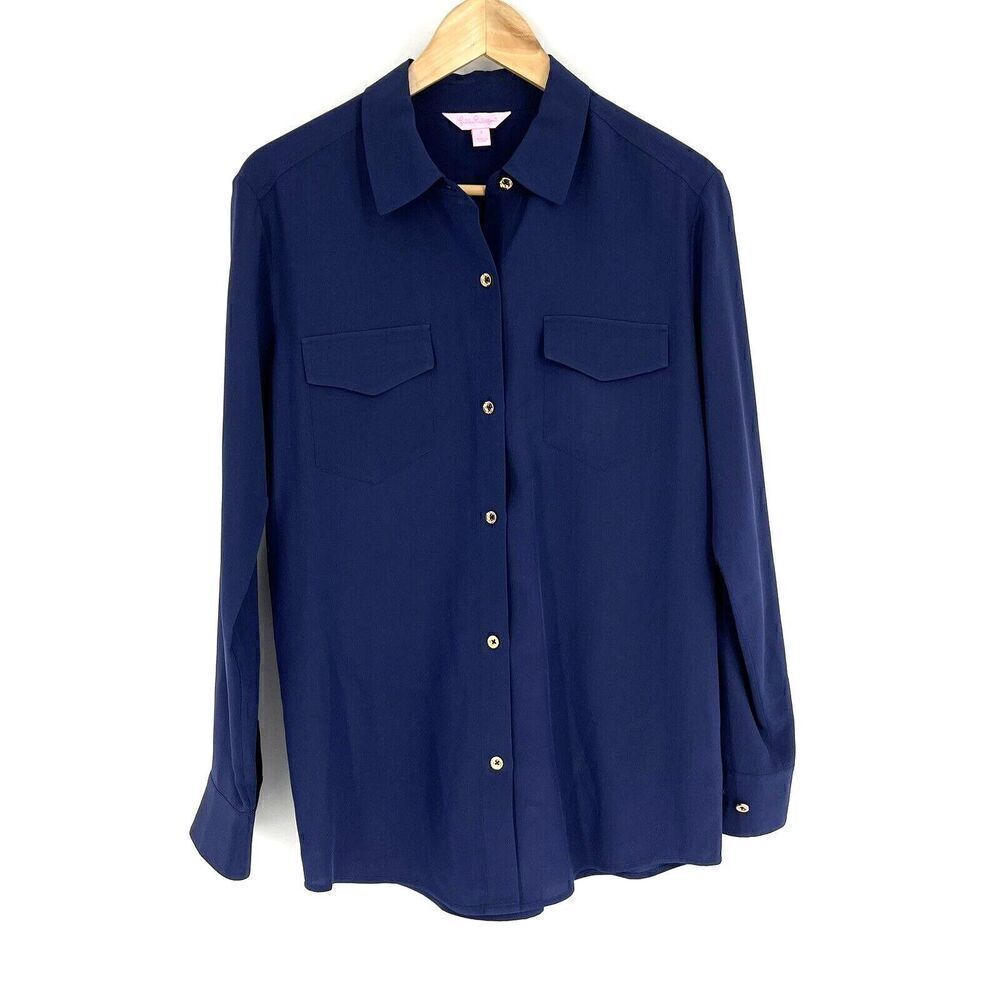 Lilly Pulitzer Top Size Small Womens Navy Joelle Silk Long Sleeve Gold Button